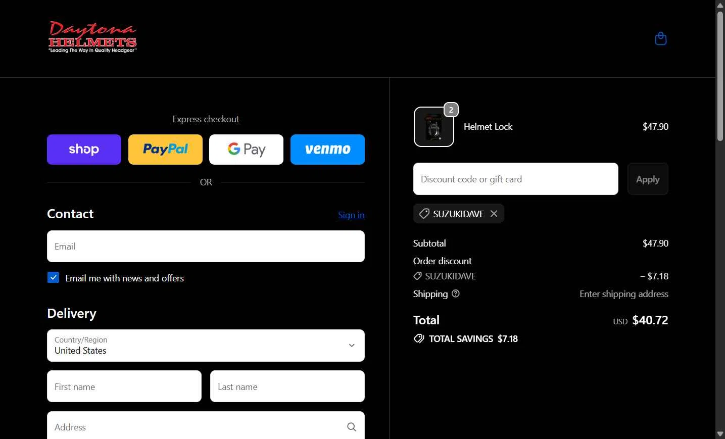 Daytona Helmets checkout page showing Daytona Helmets discount code box | Screenshot taken by SimplyCodes community member on Jan 18, 2026