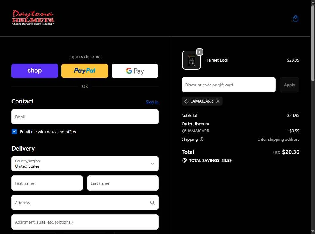 Daytona Helmets checkout page showing Daytona Helmets discount code box | Screenshot taken by SimplyCodes community member on Jan 16, 2026