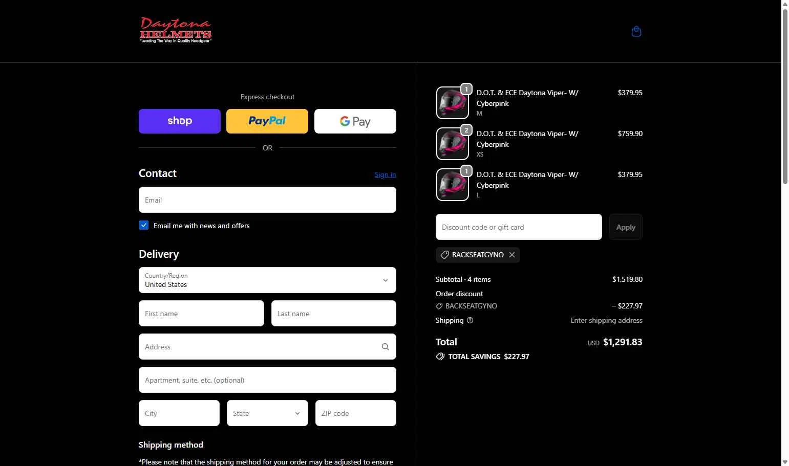 Daytona Helmets checkout page showing Daytona Helmets discount code box | Screenshot taken by SimplyCodes community member on Jan 2, 2026