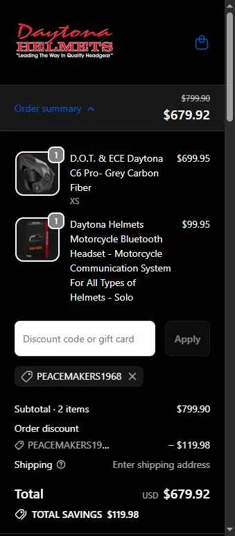 Daytona Helmets checkout page showing Daytona Helmets discount code box | Screenshot taken by SimplyCodes community member on Jan 31, 2026
