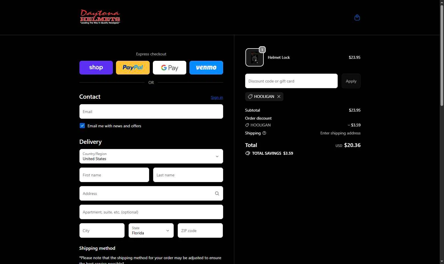 Daytona Helmets checkout page showing Daytona Helmets discount code box | Screenshot taken by SimplyCodes community member on Jan 8, 2026