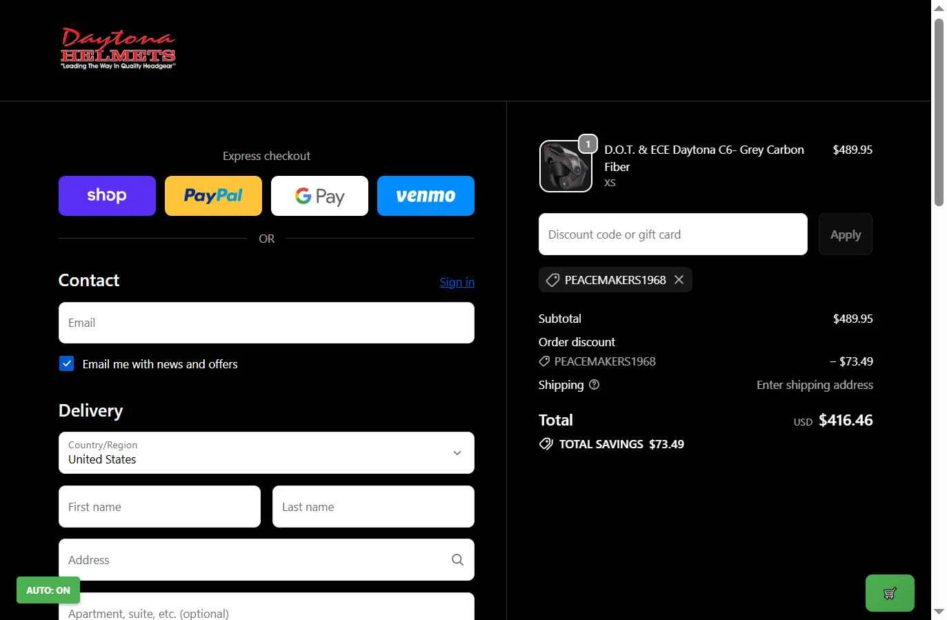 Daytona Helmets checkout page showing Daytona Helmets discount code box | Screenshot taken by SimplyCodes community member on Jan 2, 2026
