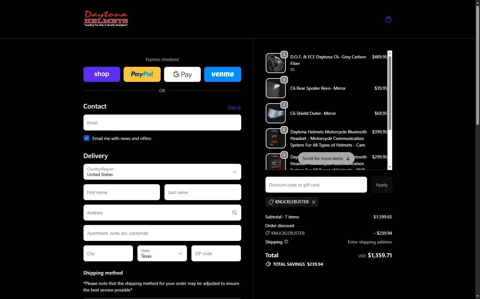 Daytona Helmets checkout page showing Daytona Helmets discount code box | Screenshot taken by SimplyCodes community member on Jan 16, 2026