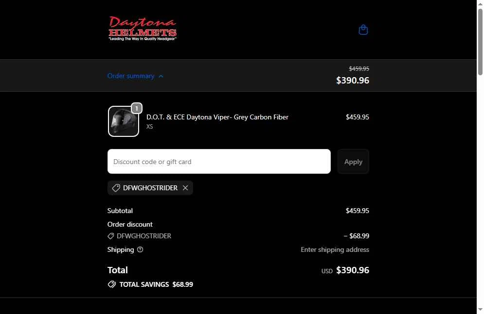 Daytona Helmets checkout page showing Daytona Helmets discount code box | Screenshot taken by SimplyCodes community member on Jan 18, 2026