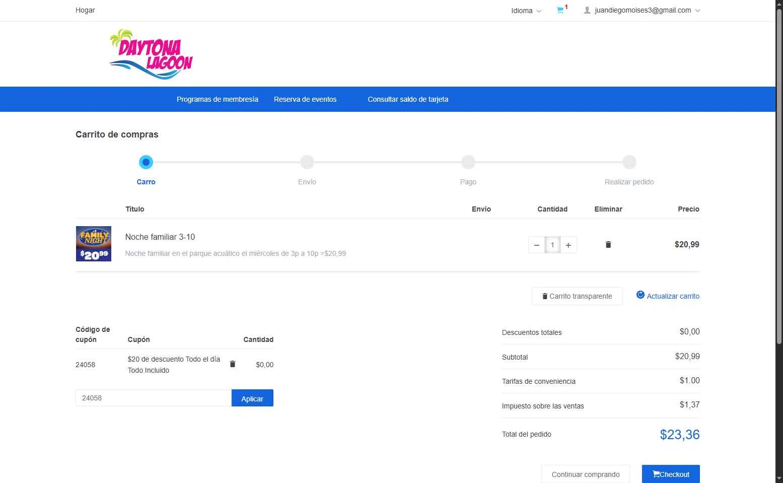 Daytona Lagoon checkout page showing Daytona Lagoon promo code box | Screenshot taken by SimplyCodes community member on Jul 12, 2025