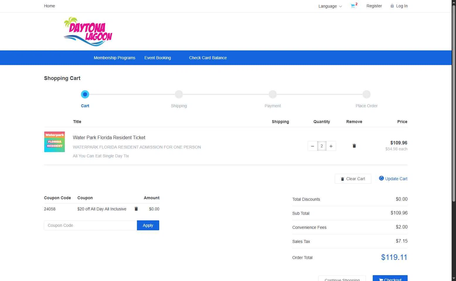 Daytona Lagoon checkout page showing Daytona Lagoon promo code box | Screenshot taken by SimplyCodes community member on May 19, 2025