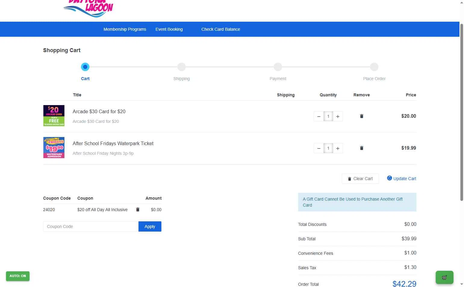 Daytona Lagoon checkout page showing Daytona Lagoon promo code box | Screenshot taken by SimplyCodes community member on Oct 13, 2025