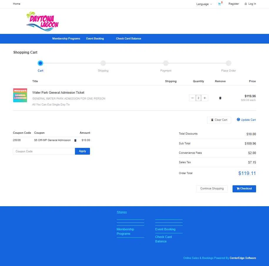 Daytona Lagoon checkout page showing Daytona Lagoon promo code box | Screenshot taken by SimplyCodes community member on Oct 13, 2025