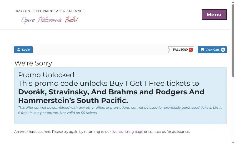 Dayton Performing Arts checkout page showing Dayton Performing Arts promo code box | Screenshot taken by SimplyCodes community member on May 30, 2025