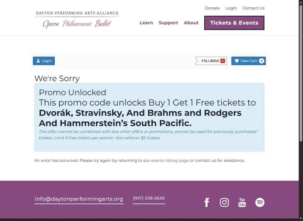 Dayton Performing Arts checkout page showing Dayton Performing Arts promo code box | Screenshot taken by SimplyCodes community member on May 30, 2025