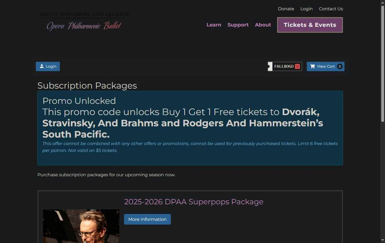 Dayton Performing Arts checkout page showing Dayton Performing Arts promo code box | Screenshot taken by SimplyCodes community member on May 30, 2025