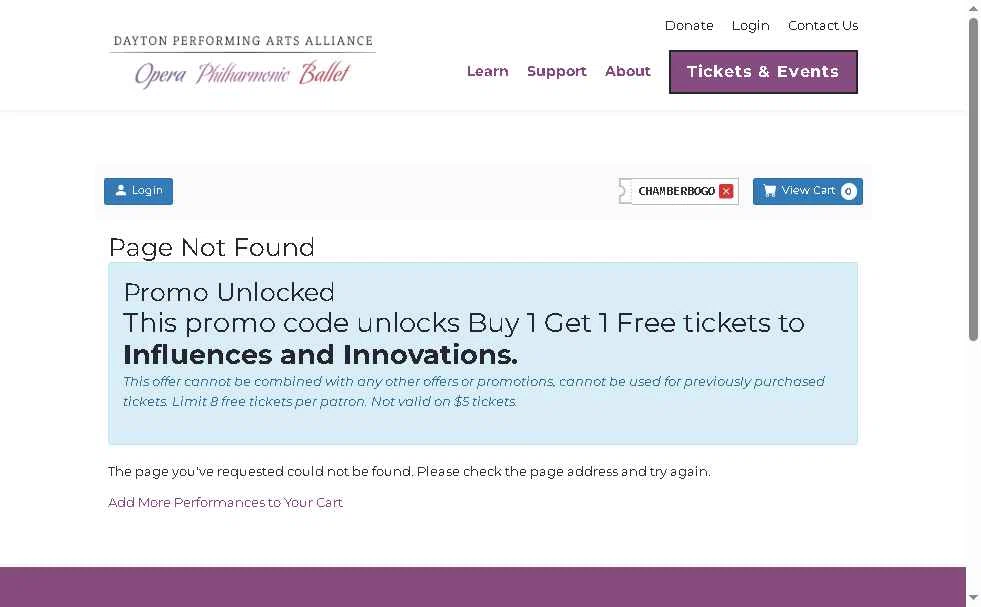 Dayton Performing Arts checkout page showing Dayton Performing Arts promo code box | Screenshot taken by SimplyCodes community member on May 15, 2025