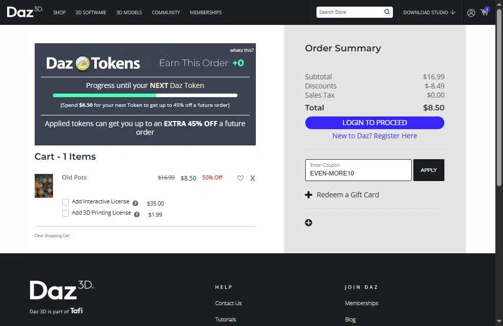DAZ 3D checkout page showing DAZ 3D promo code box | Screenshot taken by SimplyCodes community member on Dec 6, 2025