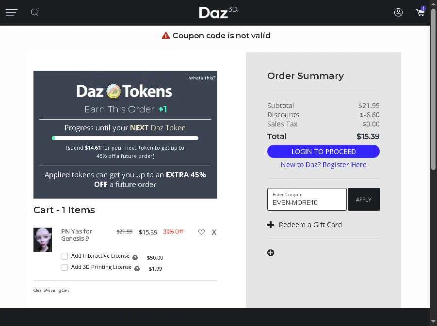 DAZ 3D checkout page showing DAZ 3D promo code box | Screenshot taken by SimplyCodes community member on Jan 4, 2026