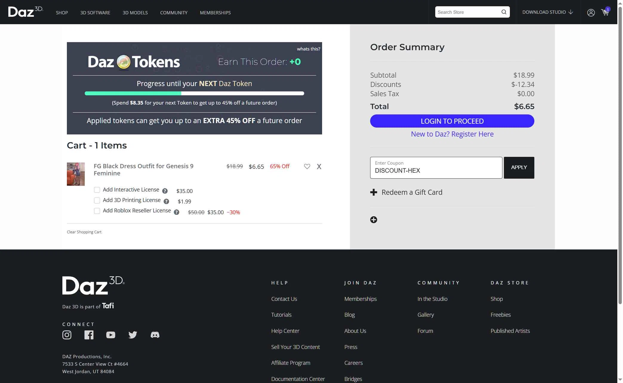 DAZ 3D checkout page showing DAZ 3D promo code box | Screenshot taken by SimplyCodes community member on Dec 20, 2025