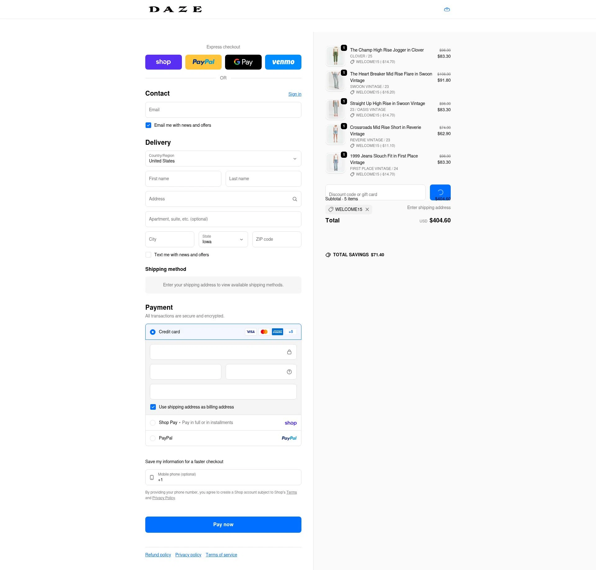 Daze Denim checkout page showing Daze Denim coupon code box | Screenshot taken by SimplyCodes community member on Feb 15, 2026
