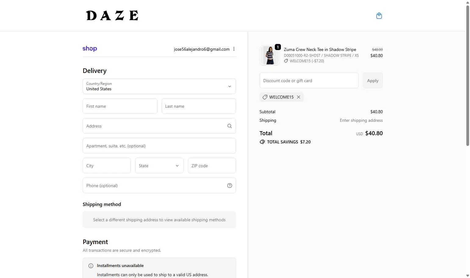 Daze Denim checkout page showing Daze Denim coupon code box | Screenshot taken by SimplyCodes community member on Feb 2, 2026