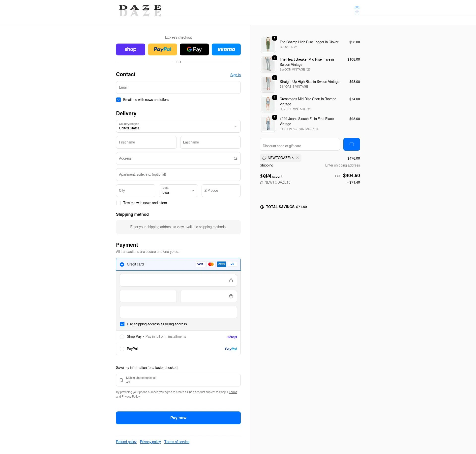 Daze Denim checkout page showing Daze Denim coupon code box | Screenshot taken by SimplyCodes community member on Feb 15, 2026