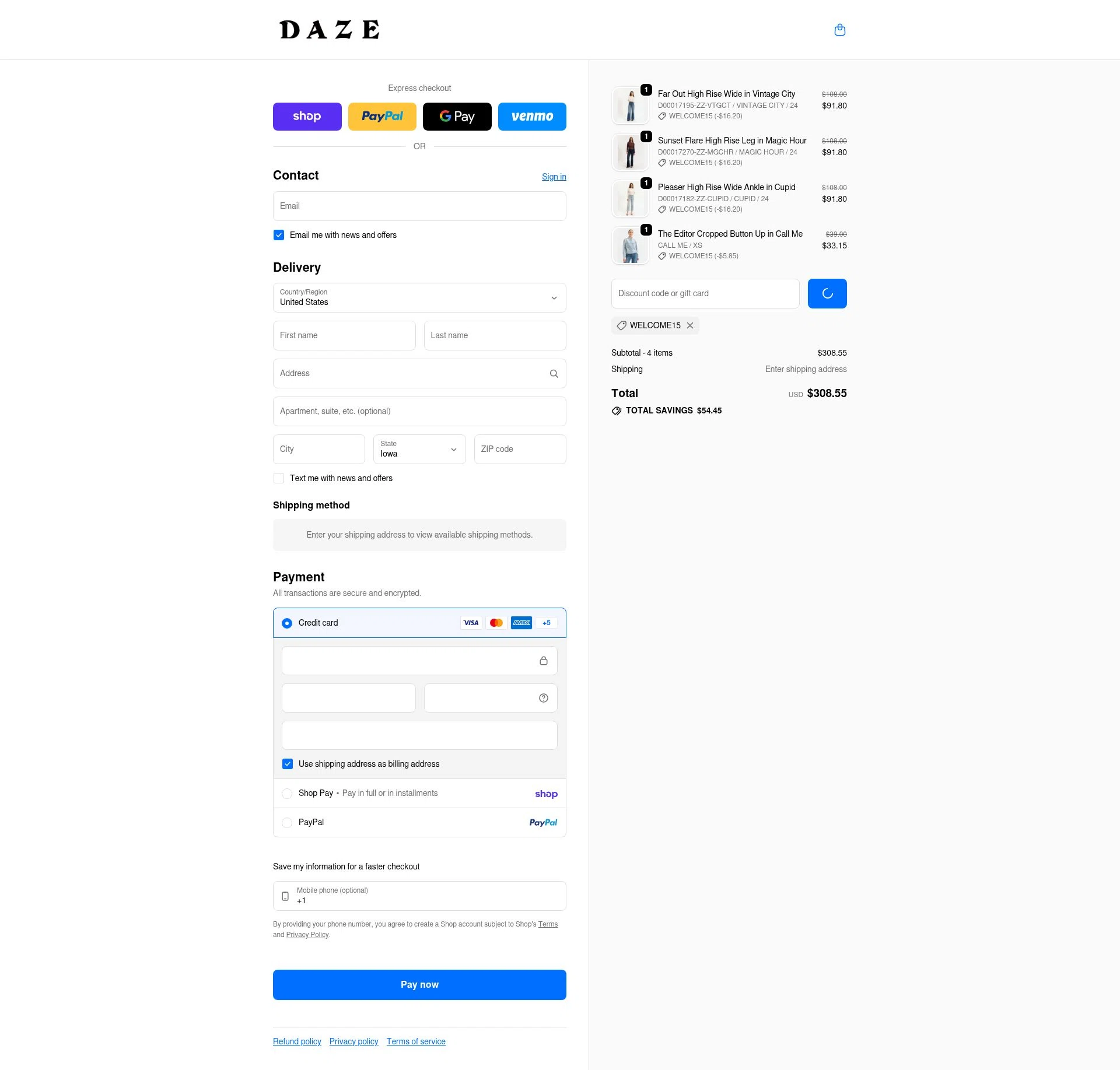 Daze Denim checkout page showing Daze Denim coupon code box | Screenshot taken by SimplyCodes community member on Feb 7, 2026
