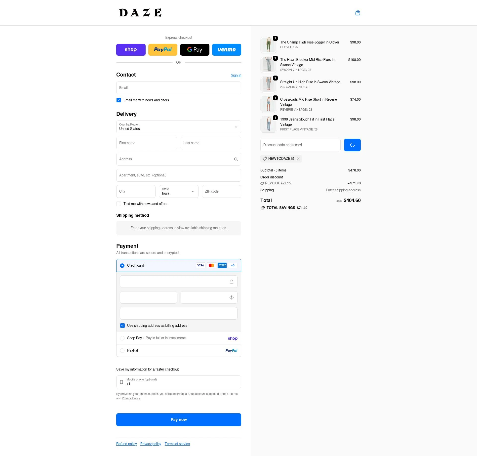 Daze Denim checkout page showing Daze Denim coupon code box | Screenshot taken by SimplyCodes community member on Feb 20, 2026
