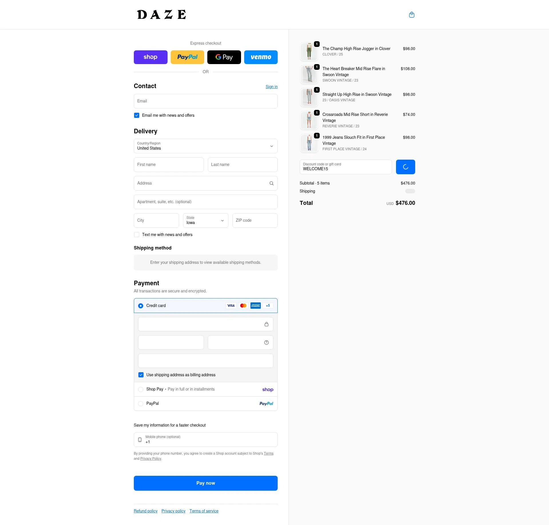 Daze Denim checkout page showing Daze Denim coupon code box | Screenshot taken by SimplyCodes community member on Feb 20, 2026