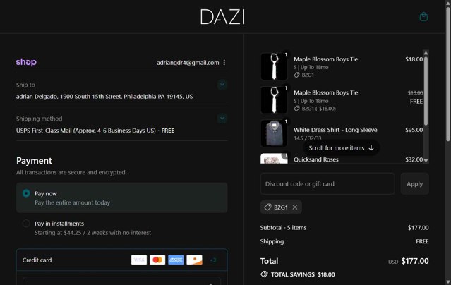 DAZI checkout page showing DAZI discount code box | Screenshot taken by SimplyCodes community member on Aug 28, 2025
