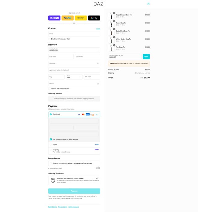 DAZI checkout page showing DAZI discount code box | Screenshot taken by SimplyCodes community member on Aug 28, 2025