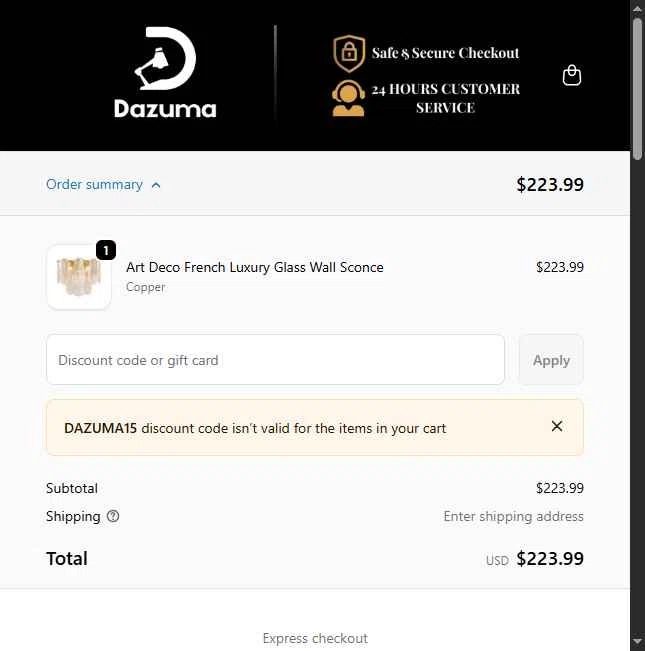 Dazuma US checkout page showing Dazuma US promo code box | Screenshot taken by SimplyCodes community member on Jan 8, 2026