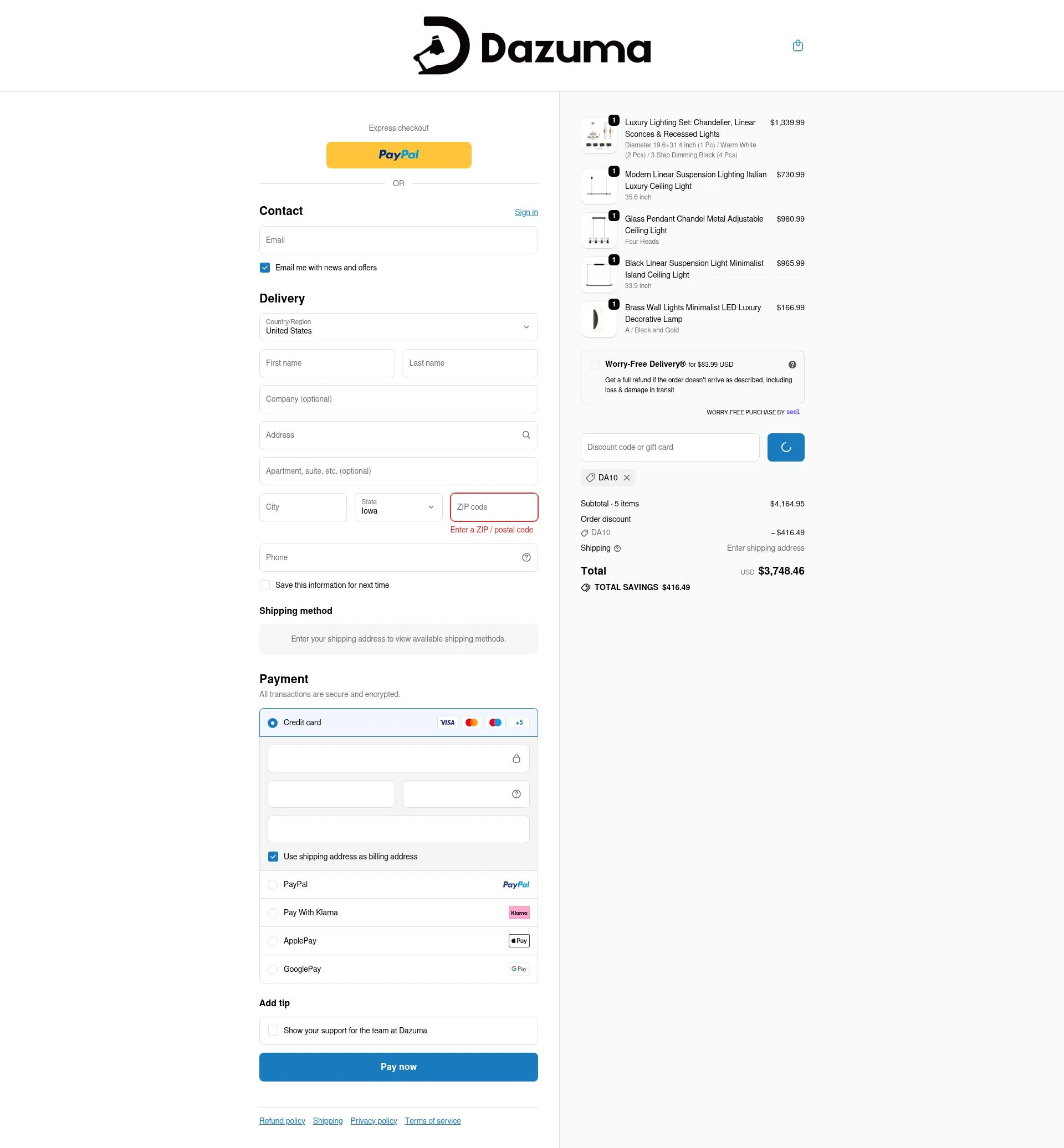 Dazuma US checkout page showing Dazuma US promo code box | Screenshot taken by SimplyCodes community member on Jan 2, 2026