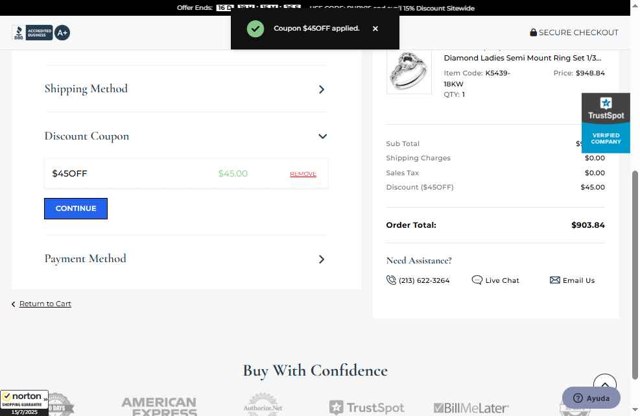 Dazzling Rock checkout page showing Dazzling Rock promo code box | Screenshot taken by SimplyCodes community member on Jul 15, 2025