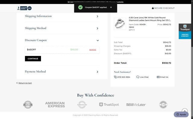 Dazzling Rock checkout page showing Dazzling Rock promo code box | Screenshot taken by SimplyCodes community member on Aug 6, 2025