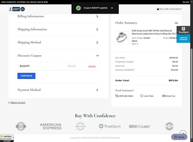 Dazzling Rock checkout page showing Dazzling Rock promo code box | Screenshot taken by SimplyCodes community member on Jul 15, 2025