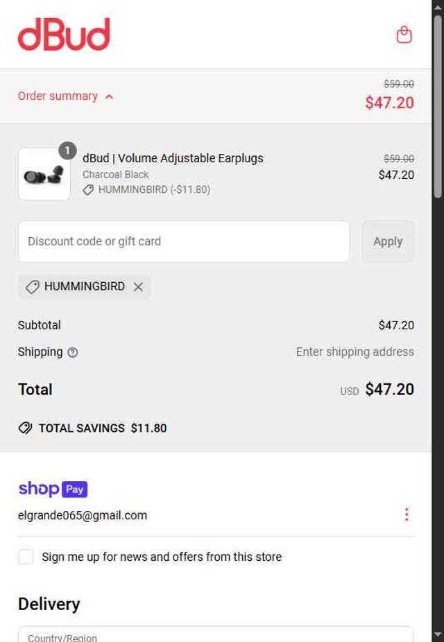 DBud checkout page showing DBud discount code box | Screenshot taken by SimplyCodes community member on Apr 29, 2025
