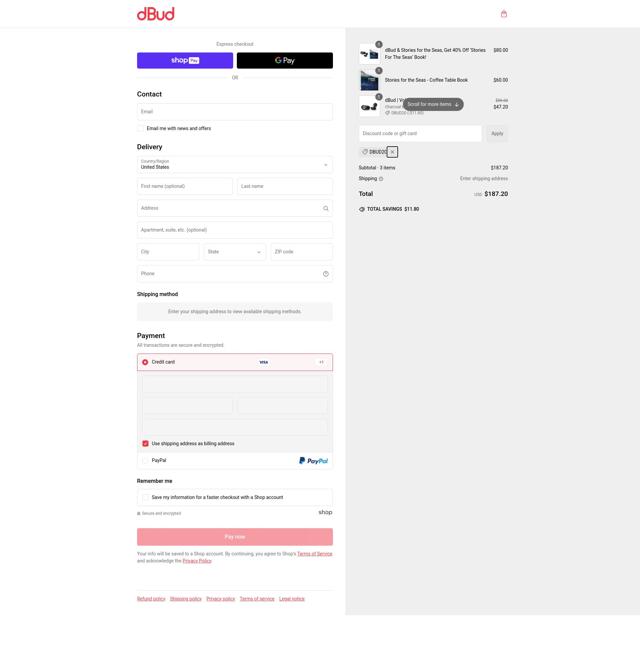 DBud checkout page showing DBud discount code box | Screenshot taken by SimplyCodes community member on Feb 22, 2025