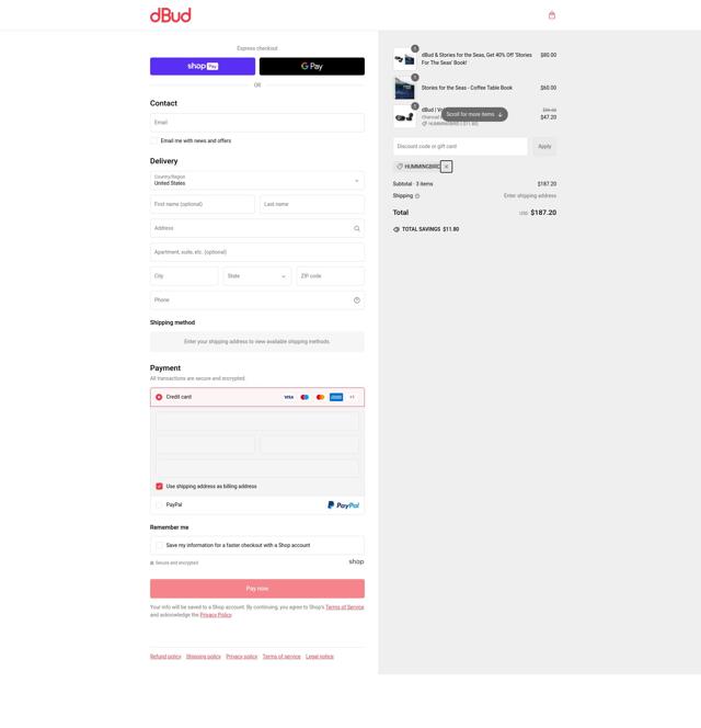 DBud checkout page showing DBud discount code box | Screenshot taken by SimplyCodes community member on Feb 22, 2025