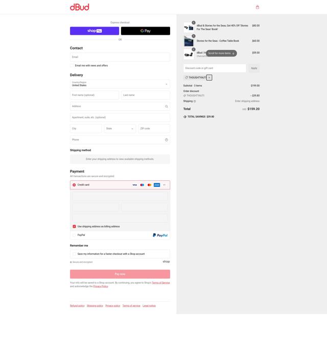 DBud checkout page showing DBud discount code box | Screenshot taken by SimplyCodes community member on Feb 22, 2025