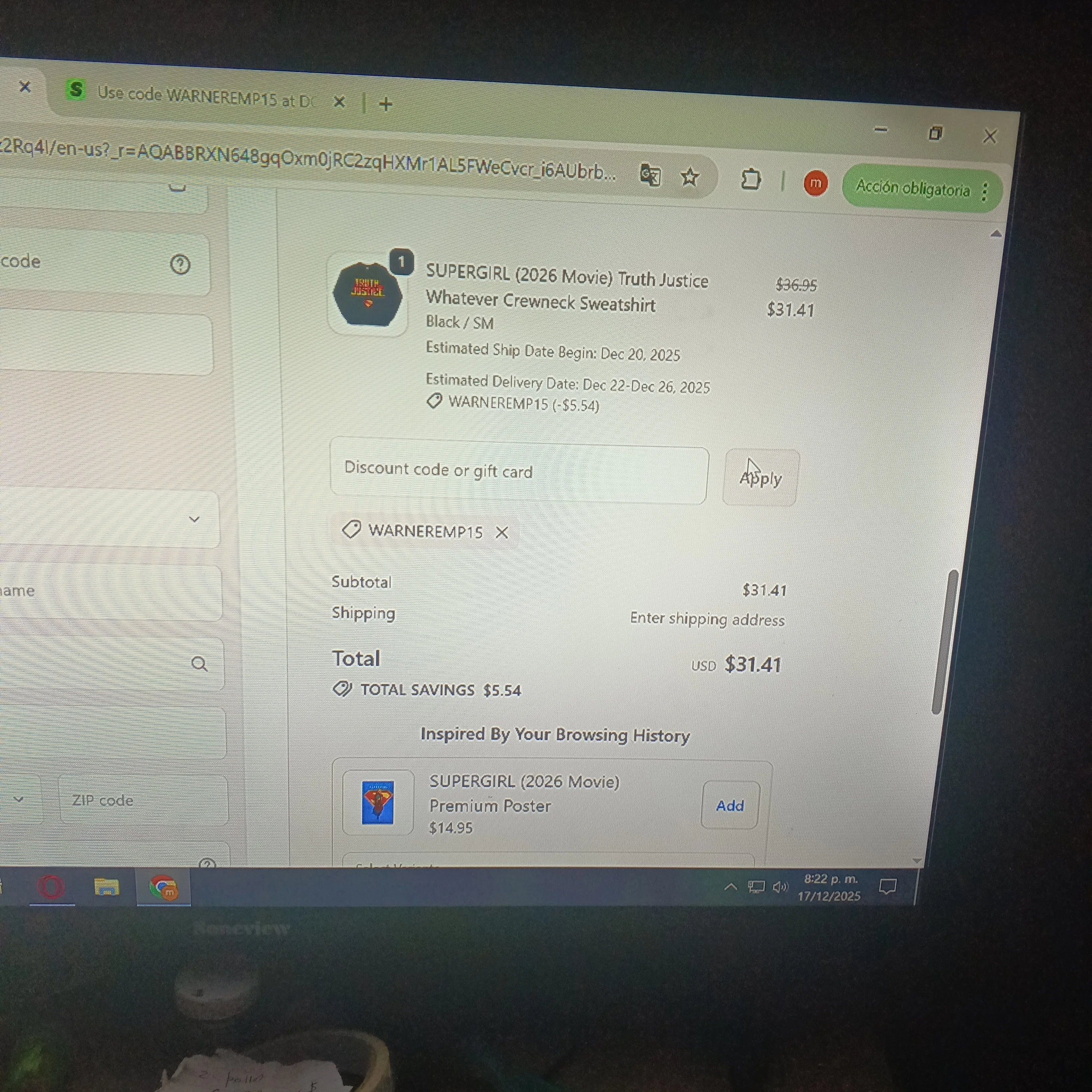 DC discount code screenshot showing code WARNEREMP15 applied at DC checkout page. Uploaded by SimplyCodes community member kira0911 on Dec 18, 2025