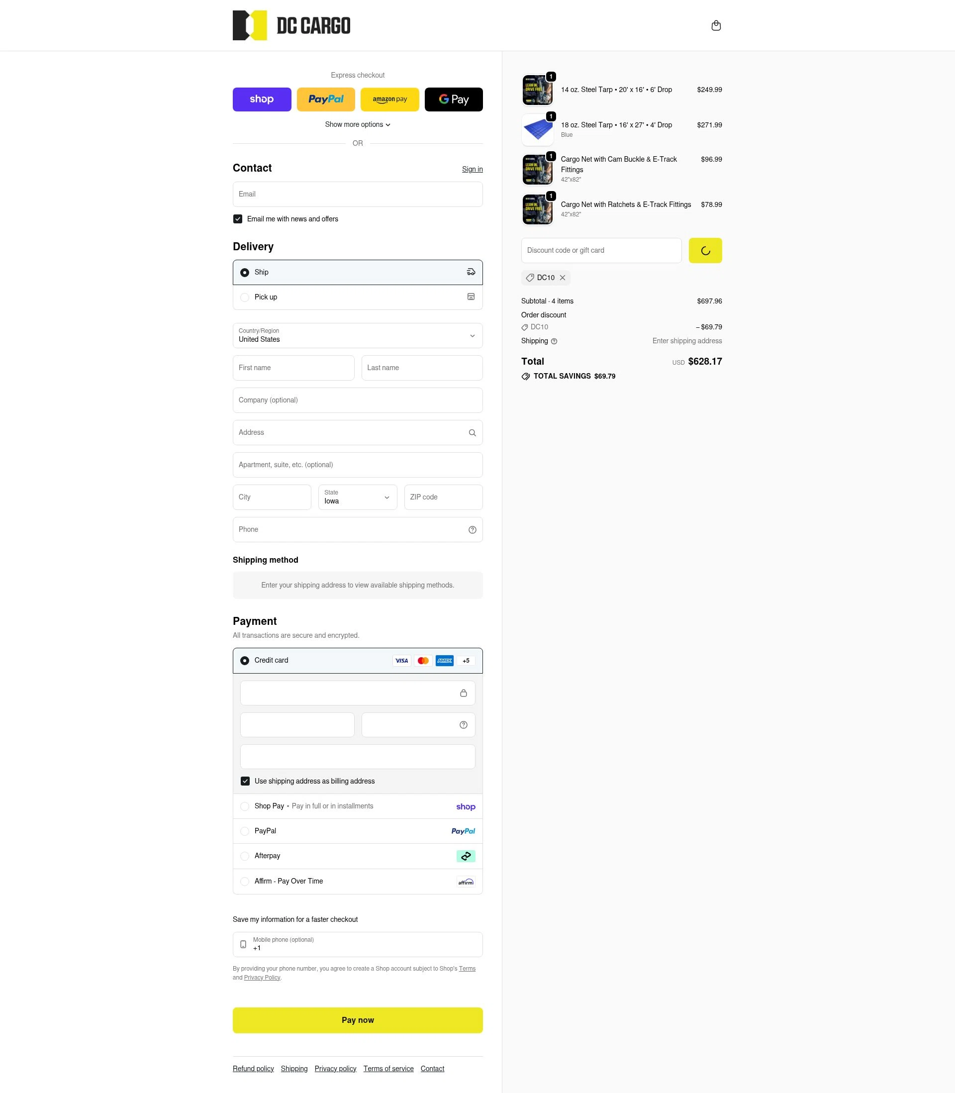 DC Cargo checkout page showing DC Cargo discount code box | Screenshot taken by SimplyCodes community member on Feb 15, 2026