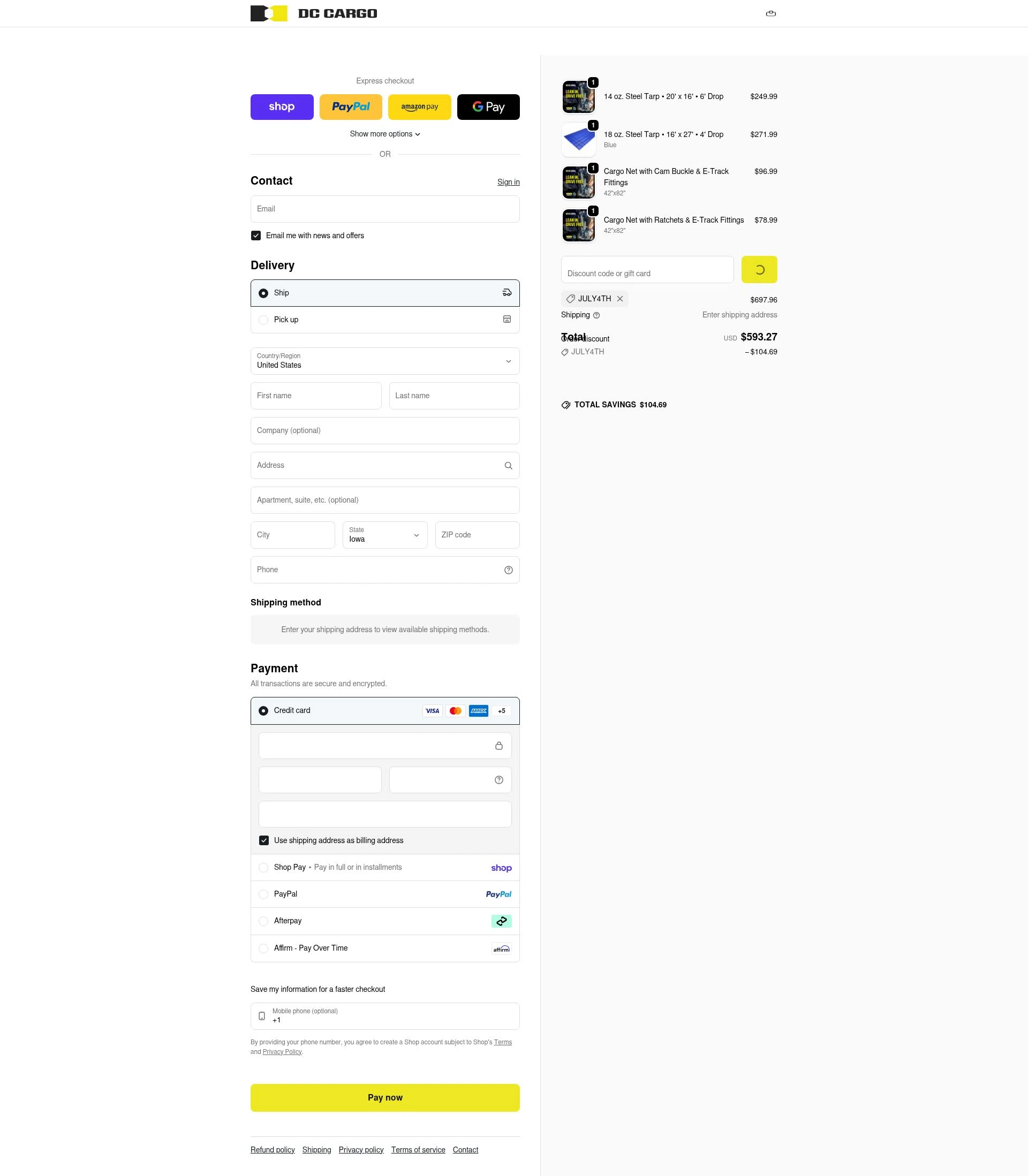 DC Cargo checkout page showing DC Cargo discount code box | Screenshot taken by SimplyCodes community member on Feb 15, 2026