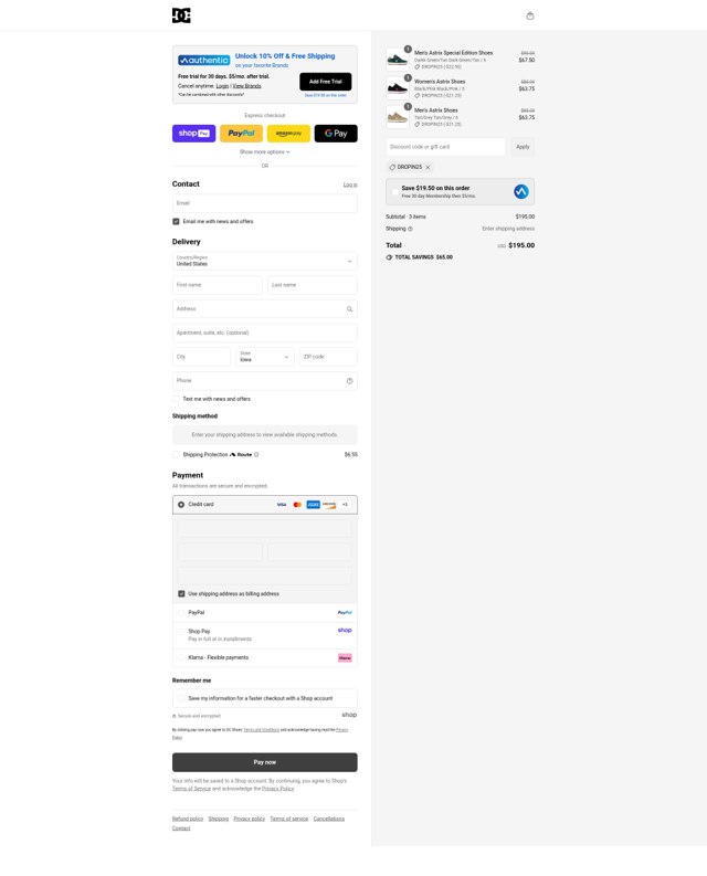 DC Shoes checkout page showing DC Shoes promo code box | Screenshot taken by SimplyCodes community member on Aug 20, 2025