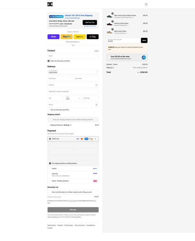 DC Shoes checkout page showing DC Shoes promo code box | Screenshot taken by SimplyCodes community member on Aug 28, 2025
