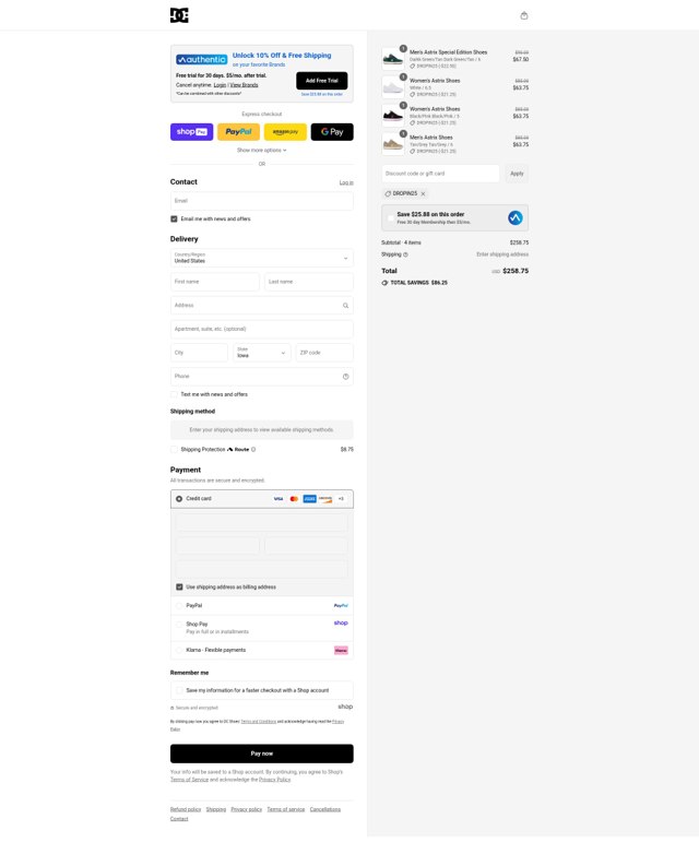 DC Shoes checkout page showing DC Shoes promo code box | Screenshot taken by SimplyCodes community member on Aug 17, 2025