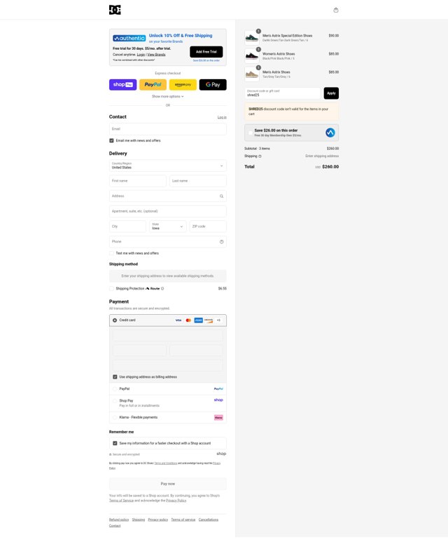 DC Shoes checkout page showing DC Shoes promo code box | Screenshot taken by SimplyCodes community member on Aug 20, 2025