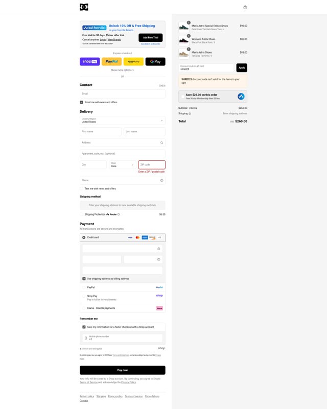 DC Shoes checkout page showing DC Shoes promo code box | Screenshot taken by SimplyCodes community member on Aug 24, 2025