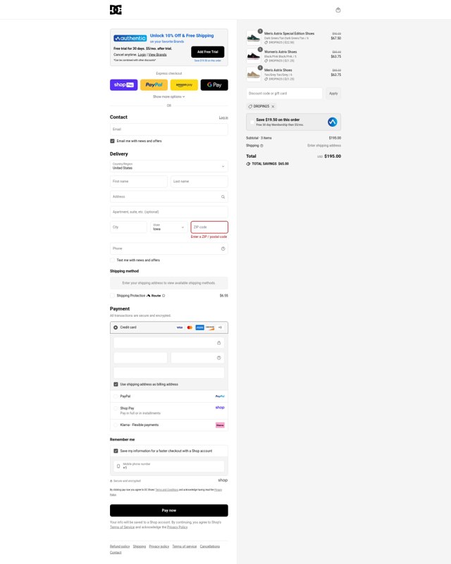 DC Shoes checkout page showing DC Shoes promo code box | Screenshot taken by SimplyCodes community member on Aug 24, 2025