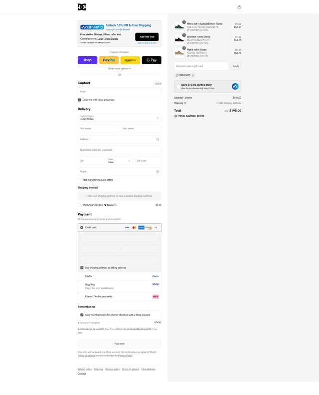 DC Shoes checkout page showing DC Shoes promo code box | Screenshot taken by SimplyCodes community member on Aug 29, 2025