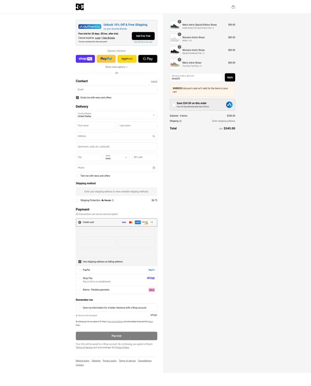 DC Shoes checkout page showing DC Shoes promo code box | Screenshot taken by SimplyCodes community member on Aug 15, 2025
