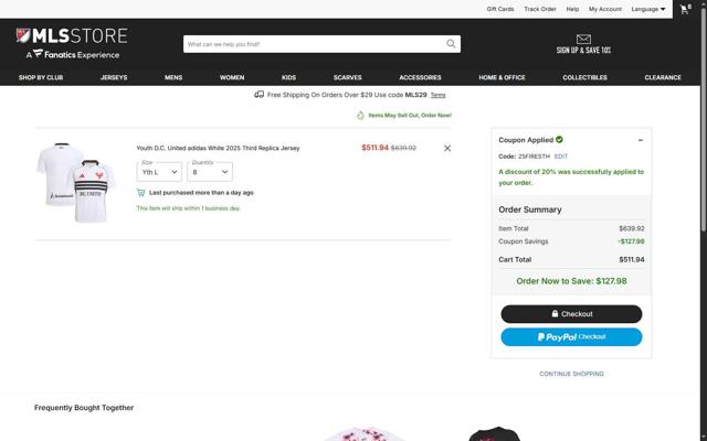 D.C. United checkout page showing D.C. United promo code box | Screenshot taken by SimplyCodes community member on Oct 2, 2025