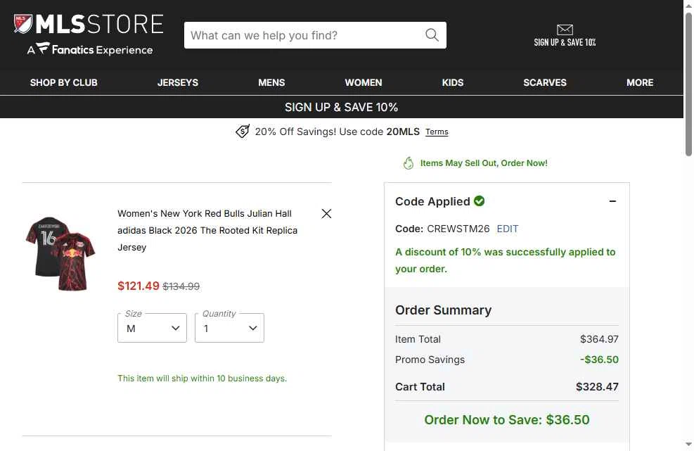 D.C. United checkout page showing D.C. United promo code box | Screenshot taken by SimplyCodes community member on Feb 19, 2026