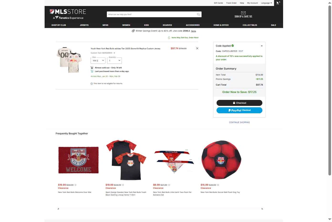 D.C. United checkout page showing D.C. United promo code box | Screenshot taken by SimplyCodes community member on Dec 24, 2025